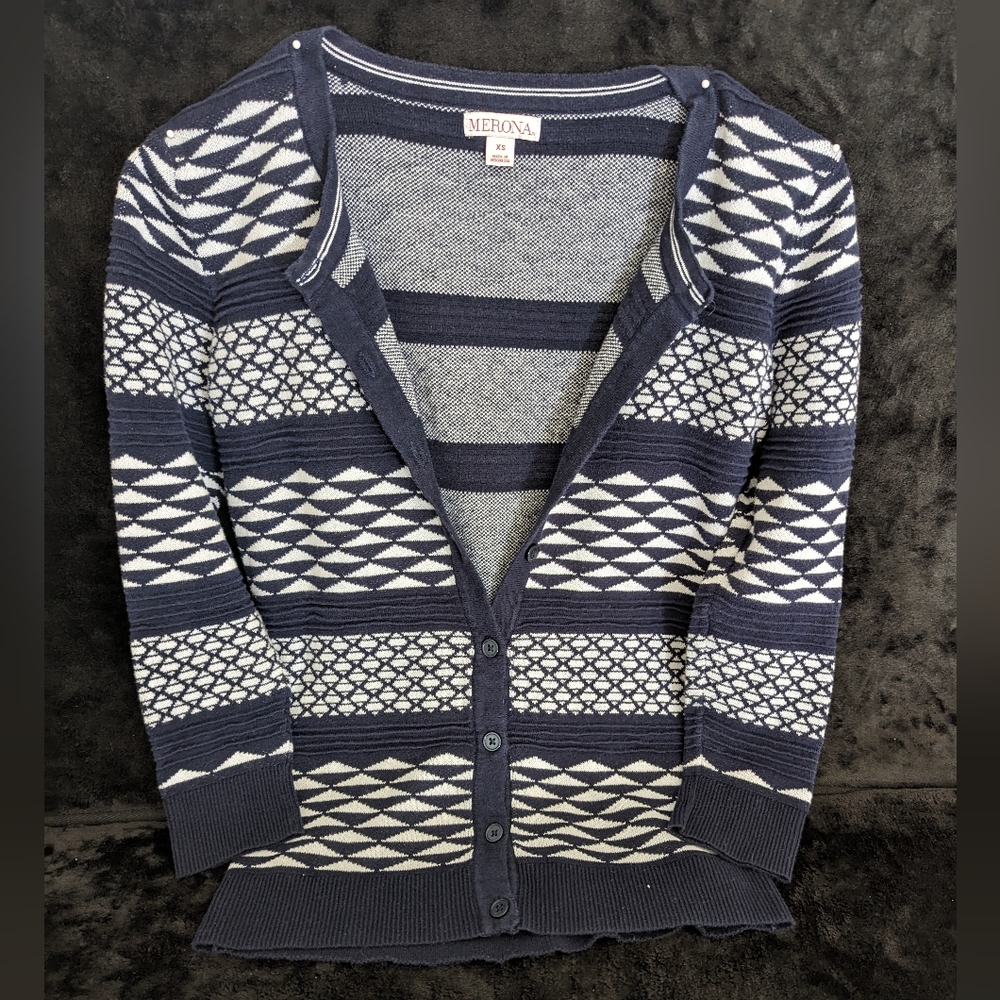 TARGET MERONA NAVY TEXTURED ABSTRACT COTTON CARDIGAN SWEATER XS